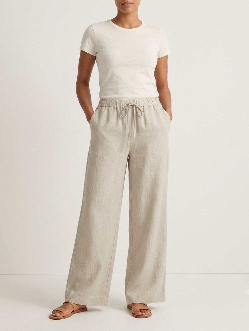 Womens Wide Leg 100% Linen Pull On Pants Beach Comfort Casual Nwt